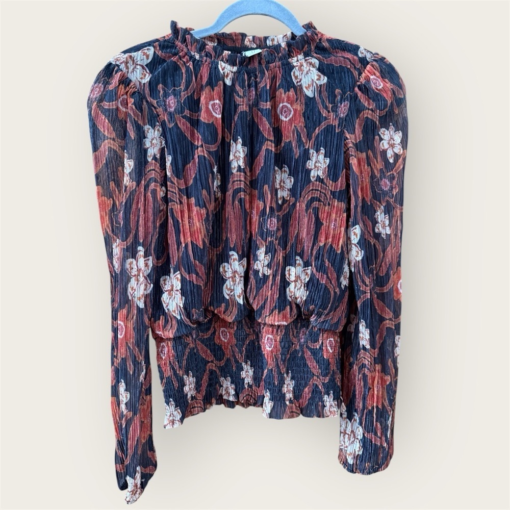 Joie metallic floral long sleeve sheer blouse in warm tones EUC